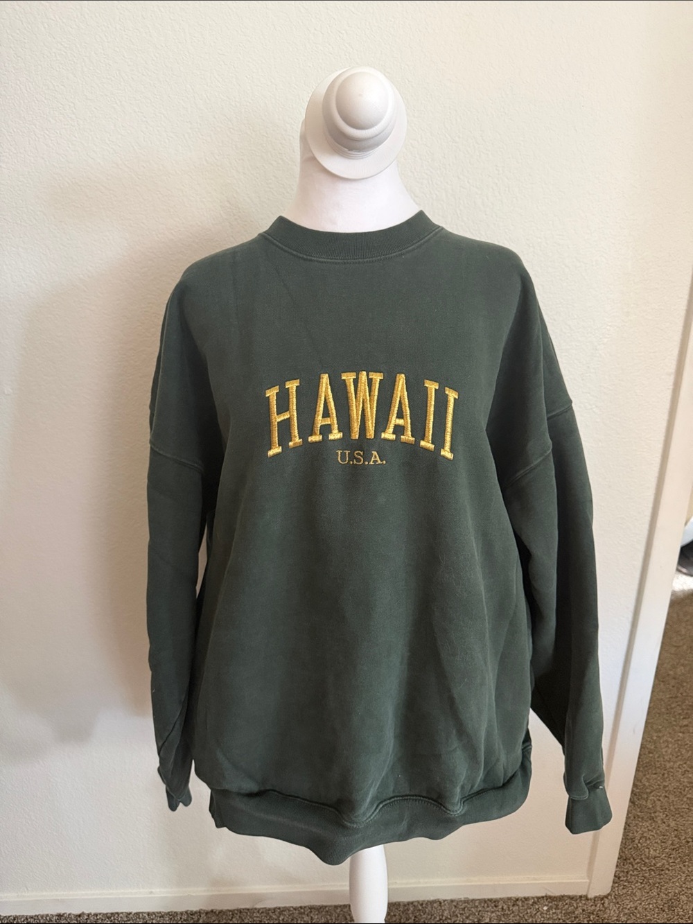 Brandy Melville Green Crewneck with Yellow 'HAWAII' Embroidery